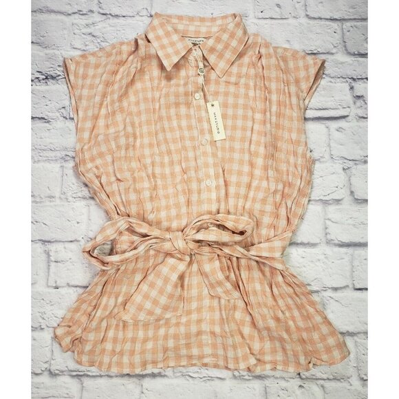 Max Studio Womens Size Small Peach White Gingham Checkered Tie Bow Front Blouse - Picture 1 of 6